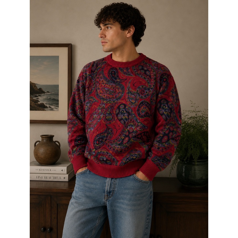 Vintage Tricots St. Raphael Mens S Paisley Crewneck Sweater Red Made in USA |k